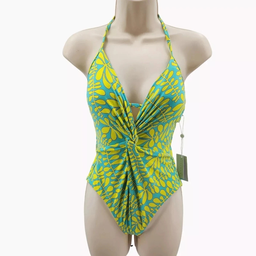 Trina Turk Vibrant Yellow and Green Halter Swimsuit Size 12 Nwt